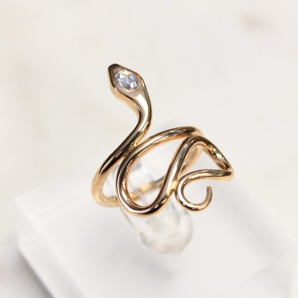 14k Yellow Gold Snake Ring with Rose Cut Diamond Head - Picture 2 of 5